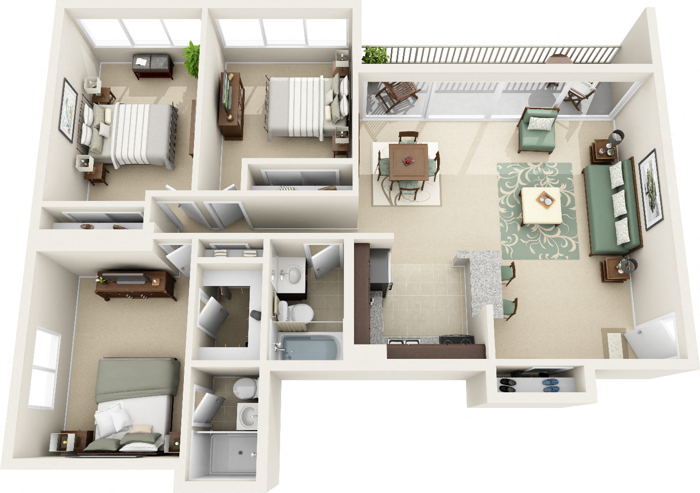 Floor plan for 3 beds, 2 baths, 1148 sqft